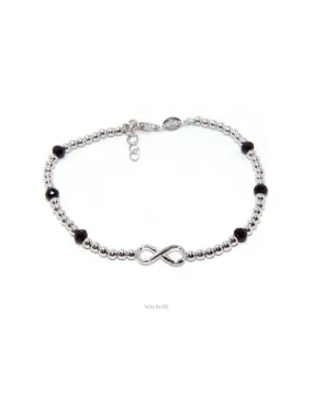 Bracciale uomo Argento 925 cristallo nero palline infinito 18,50 - 21 cm