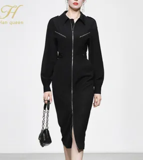 H Han Queen Autunno Inverno Vintage Vestidos Simple Chic Fashion Zipper Work Wear Dress Donna Guaina Matita Ufficio Casual