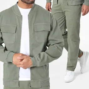 Set jeans e giacca con zip verde cachi 23218-23131